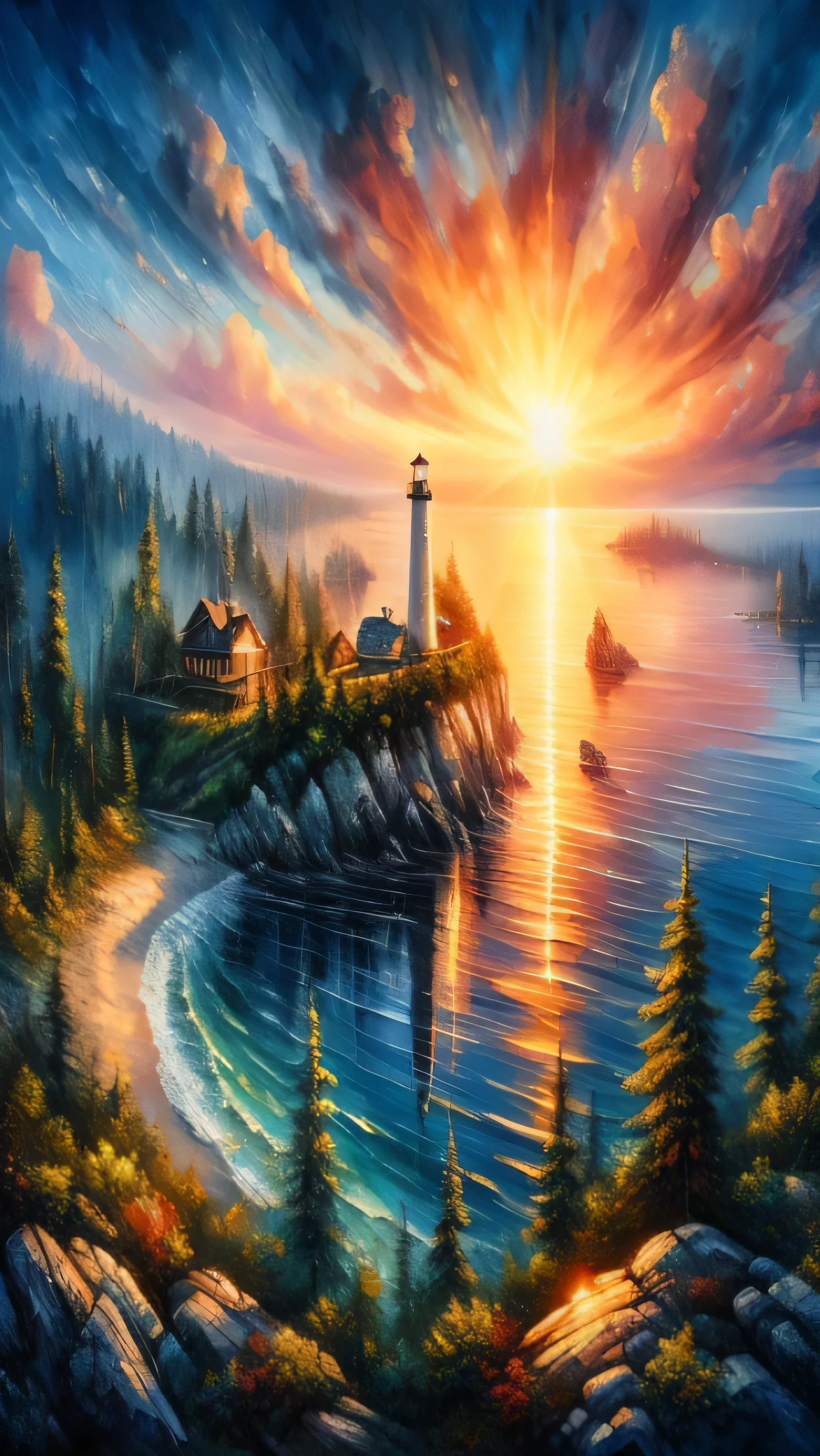 painting of a lighthouse on a rocky island with a sunset, beautiful art uhd 4 k, detailed painting 4 k, stunning painting, scenery artwork, breathtaking masterpiece of art, beautiful painting, highly detailed 4 k painting, detailed 4 k oil painting, detailed 4 k painting, 8 k hd detailed oil painting, sunrise light, sunset light, beautifully lit landscape
