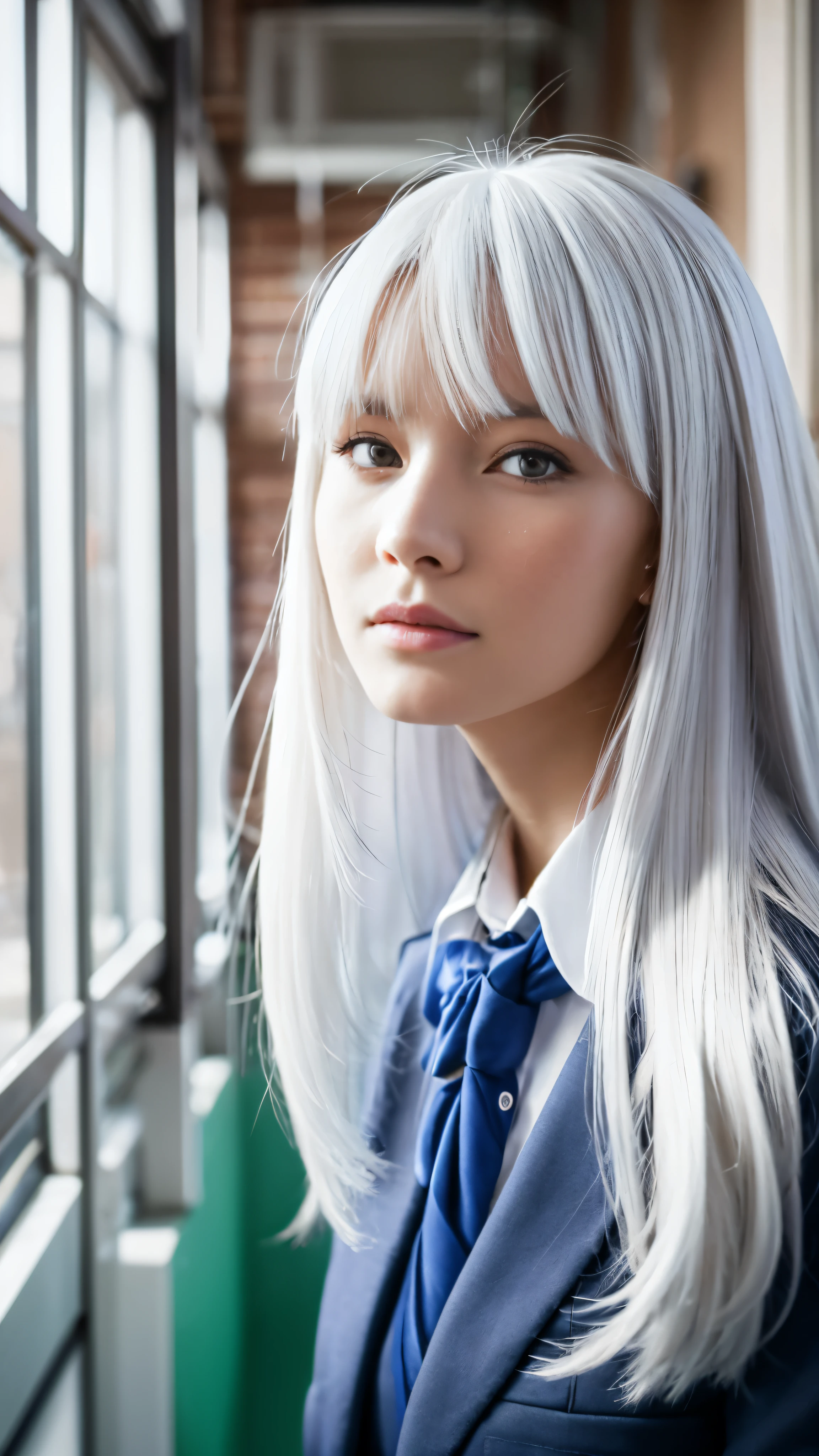 Tall beautiful woman with white hair in a school