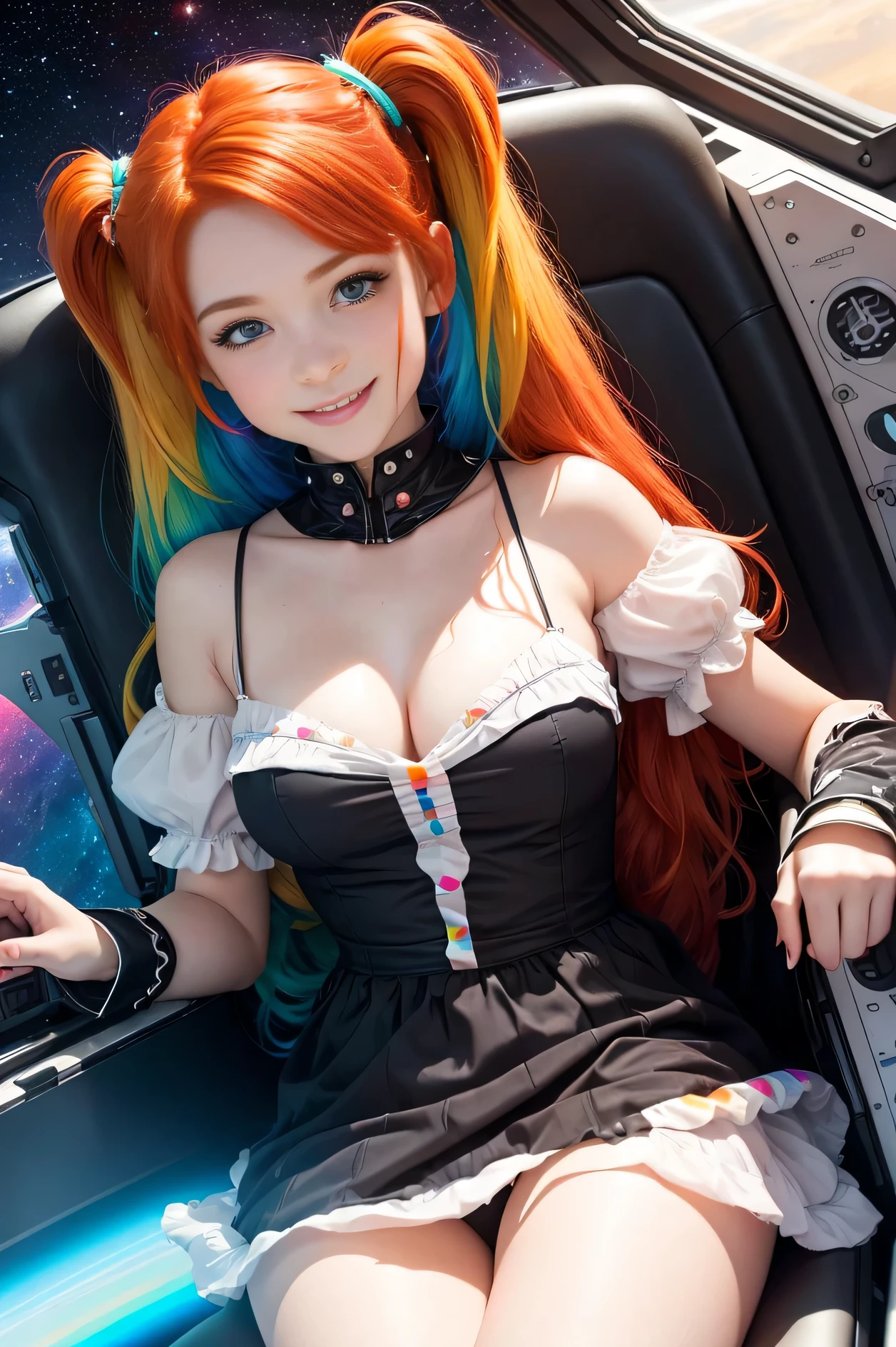 Best Quality, Masterpiece, 8k, RAW (overhead view) ((Cute redhead with rainbow colored hair tips:1.2)), ribbons in her hair, 18-year-old woman, happy, excited expression, smiling, in twin tails, perfect eyes, clear sparkling blue eyes, pale skin, silky smooth skin, porcelain white skin, flying a fancy metal luxurious space ship, futuristic cockpit, she's a pilot laying in her pilot chair, dark outer space seen in windows, deep space black, multiple stars and galaxies, dark warm lighting, wearing a futuristic dress, pleated (chemise) mini dress (pastel rainbow colors, and polka dots), puffy sleeves, silk, wearing pantyhose.