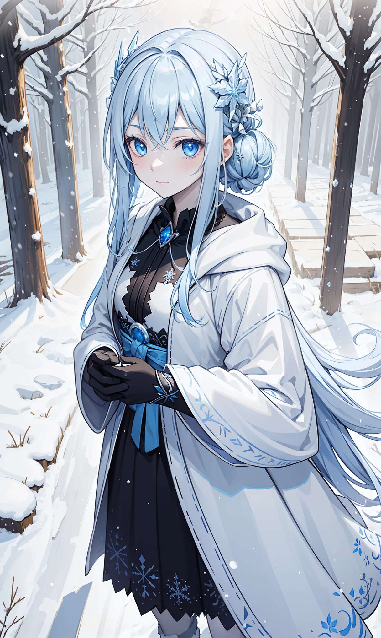 masterpiece, Very detailed, Super detailed, cold, alone, (1 girl), (pale skin), ice blue eyes, Frosty white hair, Cool Chara, flat face, young woman, Ms. Chala, Moderate , arrogant, confident, cold face, goddess, cool kudray girl, (Snowy background), snowflake, (frozen flowers:0.5), (Calm expression), (sparkling ice crystals), (modern casual clothing), (snow covered ground), (Smile:0.7)