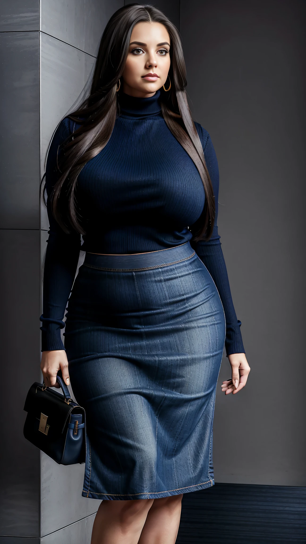 Full body shot of 1 beautiful woman, adult, large body, voluptuous woman, (very long straight hair),( brunette hair), outlined eyelids, made-up eyelids, turtleneck sweater, scarf, neckline, (blue mini denim skirt, black handbag), tempting , dreaming, curvy hourglass figure, oppai proportion, tight skirt , tall