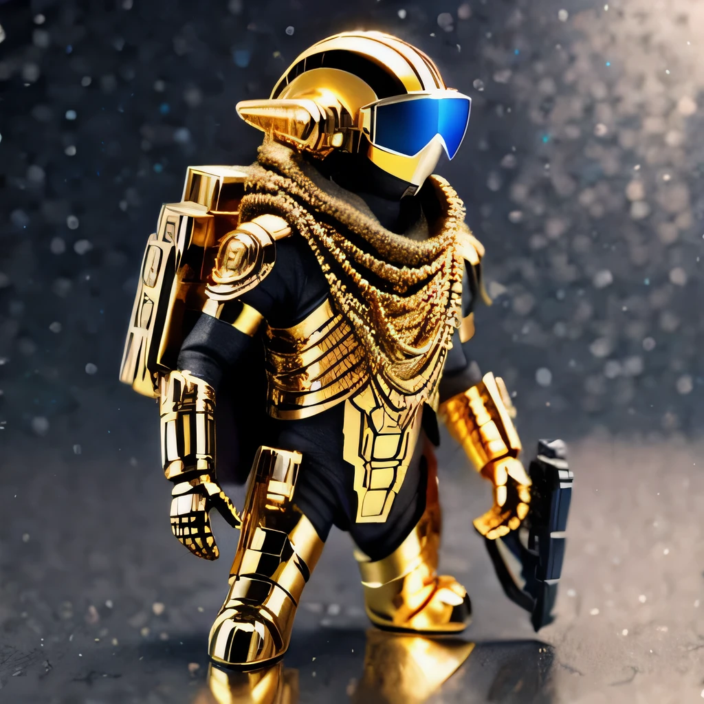 Brilliant Gold Diamond Maya Star, Burlap Cloak Mummy Hood Platinum Silk Cyberpunk Light Crossbow Space Station 1:500 miniature models, illustration, Side view, (Side view), Wear gold-rimmed reflective sunglasses, Carrying future weapons, very happy, Side view, whole body, 3d, (nautilus) octane rendering, perfect appearance, Collagen protein