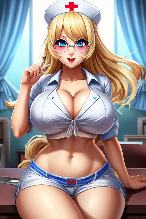 Busty Blonde high school nurse,  half-moon glasses, ((best quality)), ((masterpiece)), (detailed), perfect face, blue eyes, big breasts, midriff