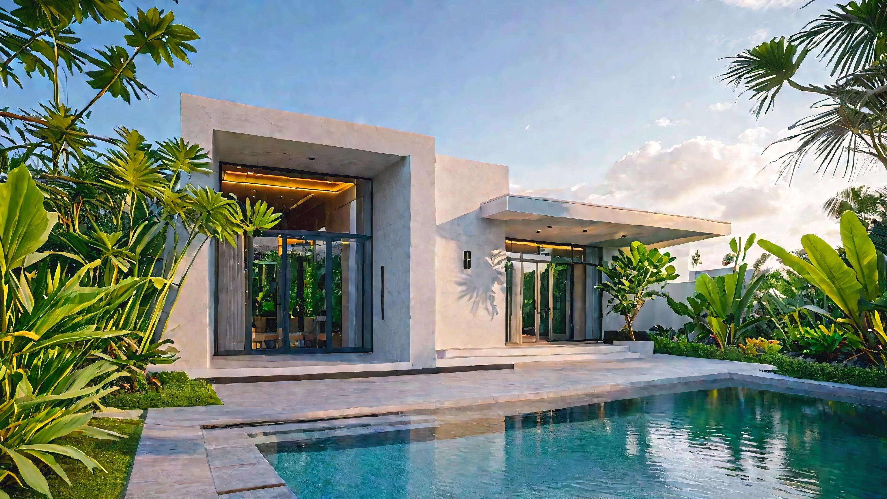 there is a pool with a patio and a patio chair next to it, precise architectural rendering, next to a tropical pool, architectural rendering, high quality rendering, architectural render, clean and pristine design, crisp smooth clean lines, architectural visualization, pristine and clean design, exterior design, a photorealistic rendering, inter dimensional villa, luxcore render, crisp smooth lines