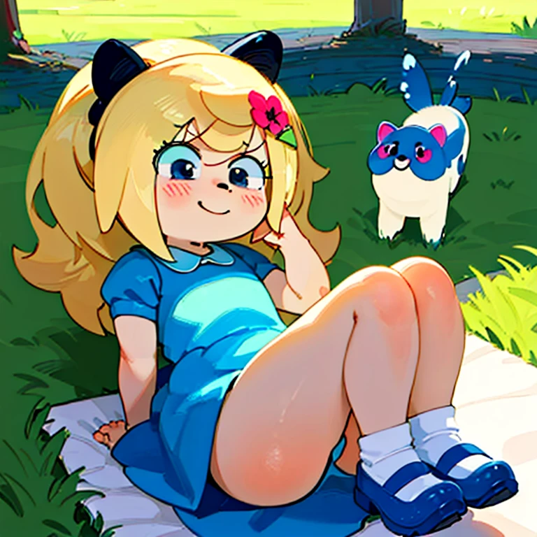 (photorealistic:1.37)、octane rendering、Morning park、1girl,blue dog ears blue dress White socks black shoes black eyes blonde hair blue bow wearing Strawberry dress、Girl has twin tail hairstyle and smiles、Bright colors、soft sunlight、beautiful flower、green grass、playful atmosphere、peaceful environment、detailed texture、Bright colors、cute shoes with accessories、He looks happy