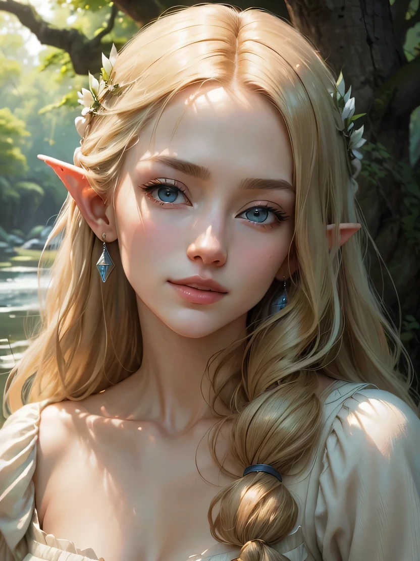 ((masterpiece、highest quality、Super fine、High resolution、photorealistic、sharp focus、cinematic lighting))、((1 female、bust shot))、high contrast、Portrait of a beautiful female elf、galadriel、Cate Blanchett、tall、skinny、bright blonde hair、intricate and beautiful design、Highly detailed beautiful face、triangular face、blue eyes、Detailed and beautiful ears、smile、Resting by the river、forest、flow of leaves、strong wind、Forest Sun、Classy white dress、view audience、Detailed hand depiction
