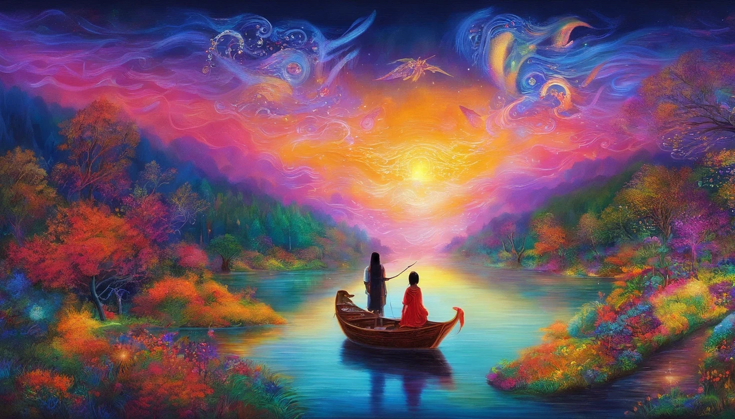 dream、(The Three Rivers.)、Like a city at night、The Three Rivers in Modern Style.、My deceased mother came to pick me up in a small boat、depression、Adult Children、Life is hard for me, so you came to pick me up from the other world.、((night))、neon、