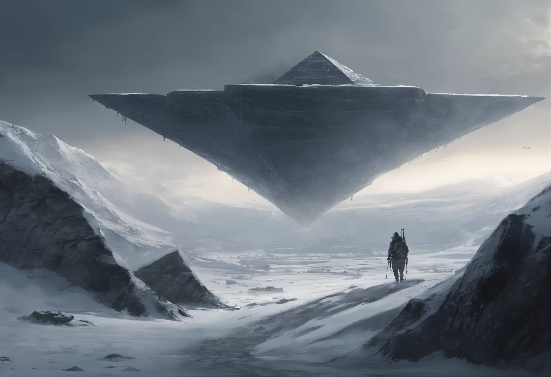 ((drift ice))、Severe snowstorm,Frozen Earth,White haze,In the faint light,A mighty pyramid made of triangular ice stands tall、There are mechanical ruins in front of the pyramid、Ozone-depleted sky、future、Dystopia、future的な空間構造、With no time to rest,head wind,Cheek cramps,Even if I have to crawl,Even a millimeter ahead