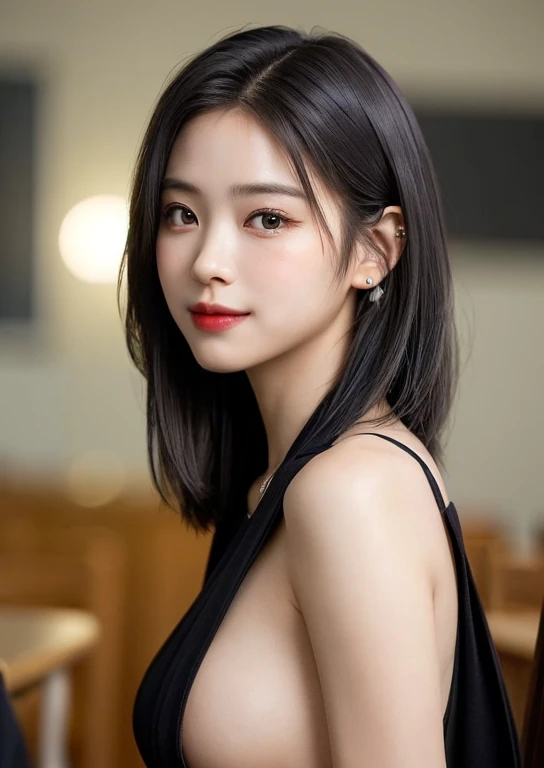 (masterpiece, highest quality、Beautiful woman full of charm:1.4、head tilt),1 girl, alone, black haired, realistic, looking at the viewer, pale black eyes, short hair, lip gloss,, closed mouth, Big eyes、eyelash、((((topless))))、((Big eyesのshort hairー、Give students very powerful highlights、very big breasts、look at the audience、very beautiful beauty、please show me your ears、long neck、smile a little、Please close your mouth and smile)))、28 years old、cute supermodel