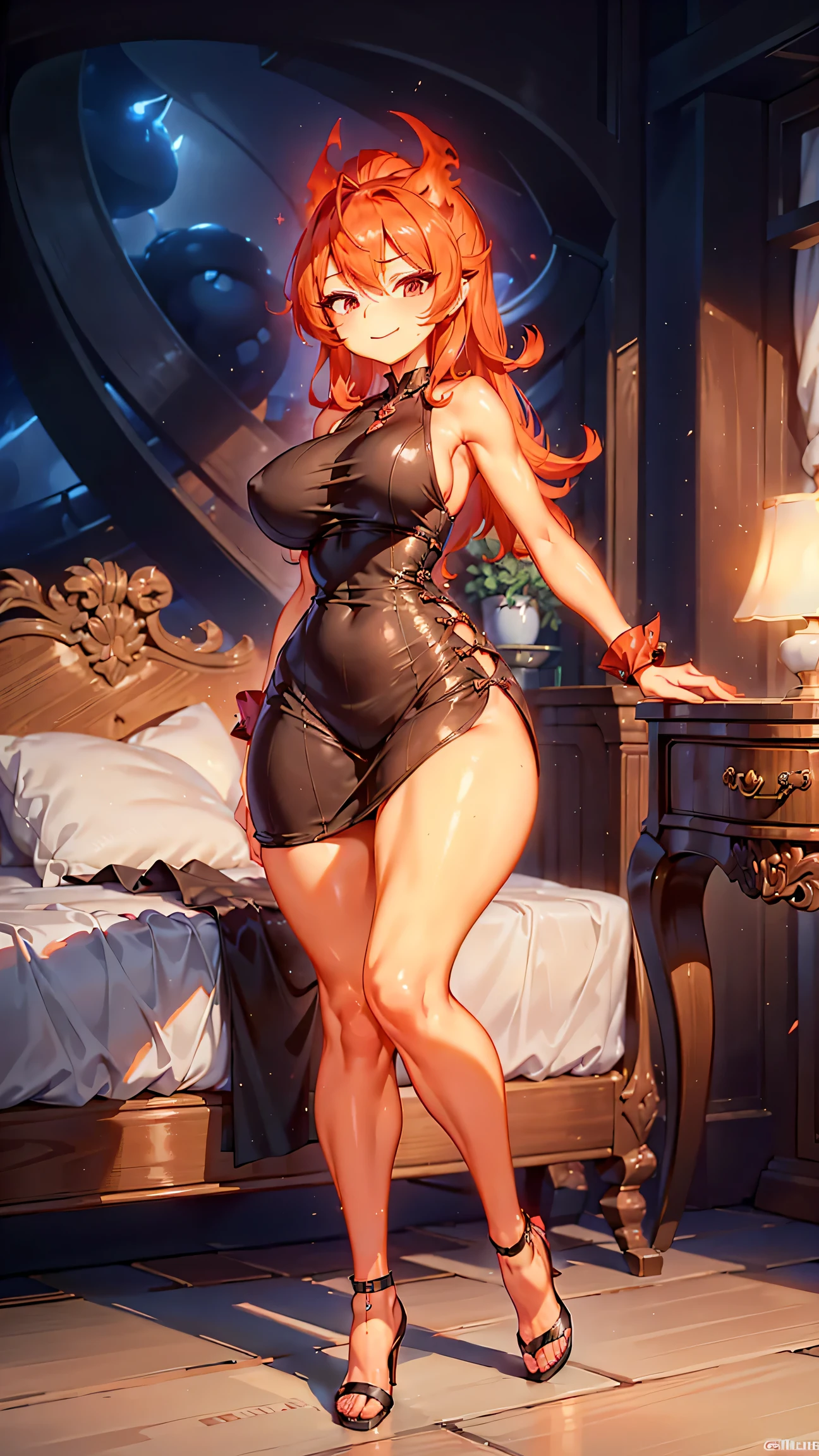 ((Detailed, masterpiece, high definition, best quality)) Ember, girl made of fire, wide hips, big ass, big breasts, ((full body)), seductive, seductive look, seductive look on face, seductive sexy stance, seductive dark tight dress, arm sleeves, tight highs, wanting to mate, ((detailed)) bedroom, slightly seductively bend over with spreaded legs, tall