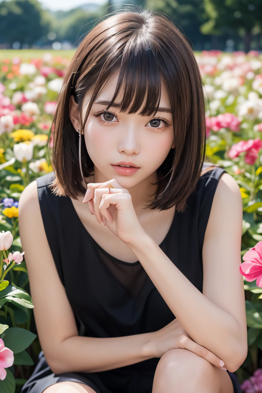 one girl、（beautiful girl、delicate girl：1.3）、（Japanese 17 year old girl：1.3）、break、（spring clothes：1.3）、break、very fine eyes、（symmetrical eyes：1.3）、break、（Countless flowers、In a colorful flower field:1.3)、Perfectly shaped and anthropomorphically correct fingers、small breasts、(((shortcut)))、parted bangs、brown hair、break、(Eye and face details:1.0)、break、(masterpiece、highest quality、Super detailed) 、detailed face、8k）、Full body view from the knee up、