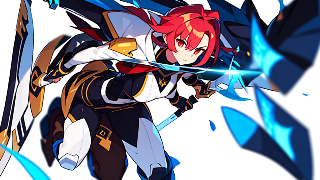 female , character focus, (((strong blurry background))), ((white background)), solo, holding sword,