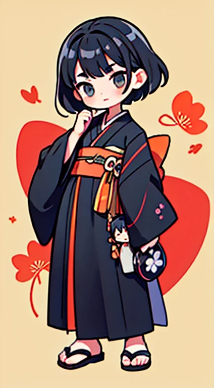 （（（Right in front）））、boy１people、2d character、from the front、symmetrical pose、Standing in honor、Four-headed character、boy、black hair、bangs、black kimono、無地のblack kimono、Wearing sandals、contour of the face、gills are fluttering、
