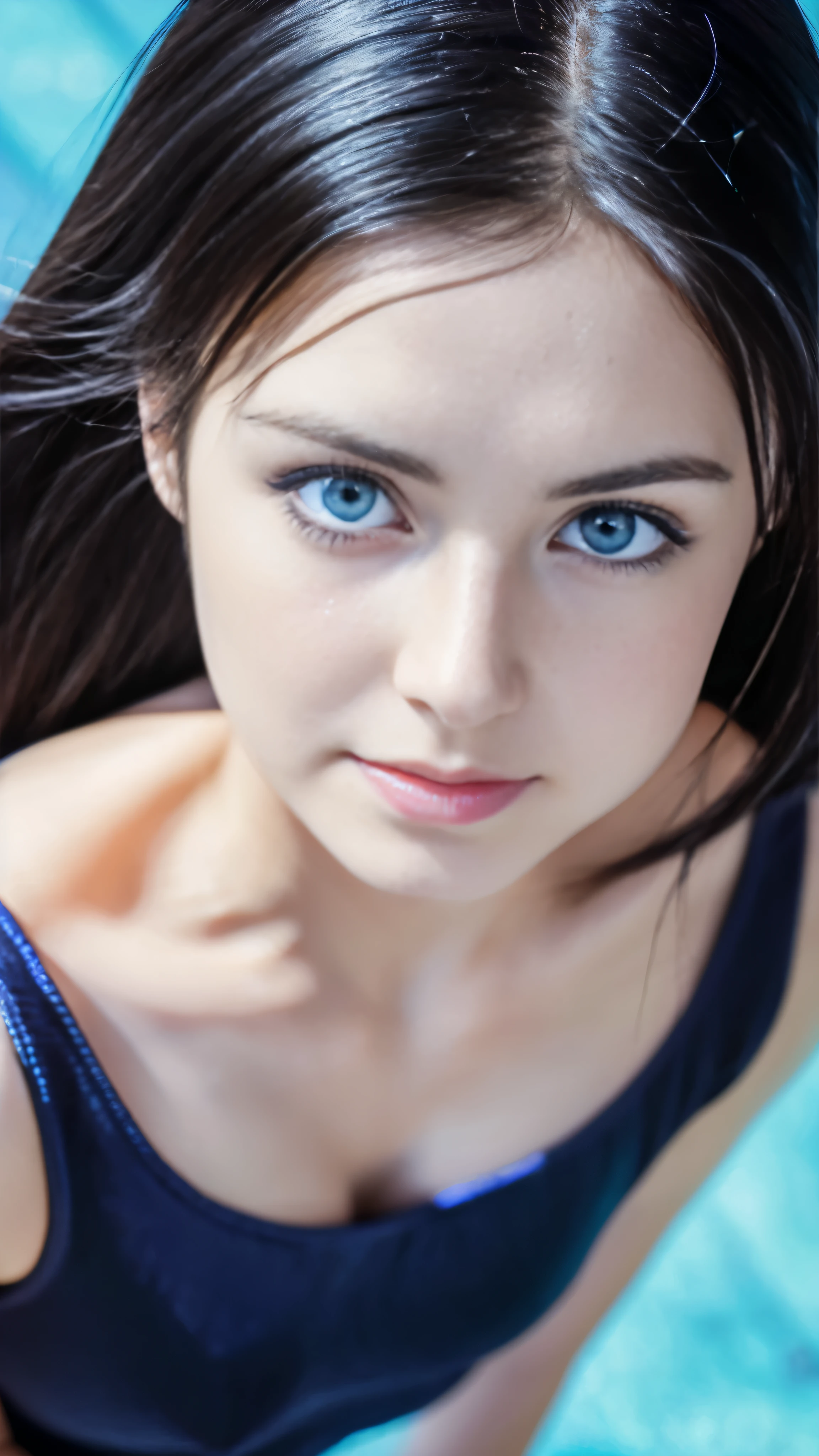 With high quality images，best quality, masterpiece, black hair, blue eyes, looking up, upper body，Best shots of beautiful women，facial details