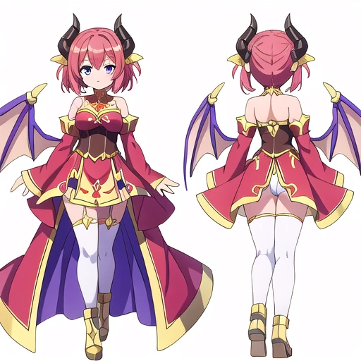 masterpiece, best quality, cute eyes, 1girl, solo, high fantasy costume, ((white background)), full body, multiple views, succubus, dragon horn, detached sleeves,