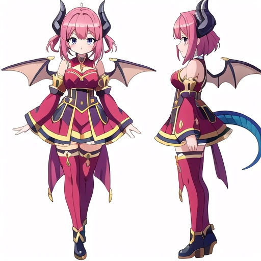 masterpiece, best quality, cute eyes, 2 girls, high fantasy costume, ((white background)), full body, multiple views, leotard, succubus, dragon horn, detached sleeves,