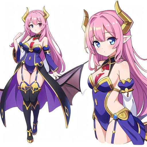 masterpiece, best quality, cute eyes, 1girl, solo, high fantasy costume, ((white background)), full body, multiple views, succubus, dragon horn, detached sleeves,