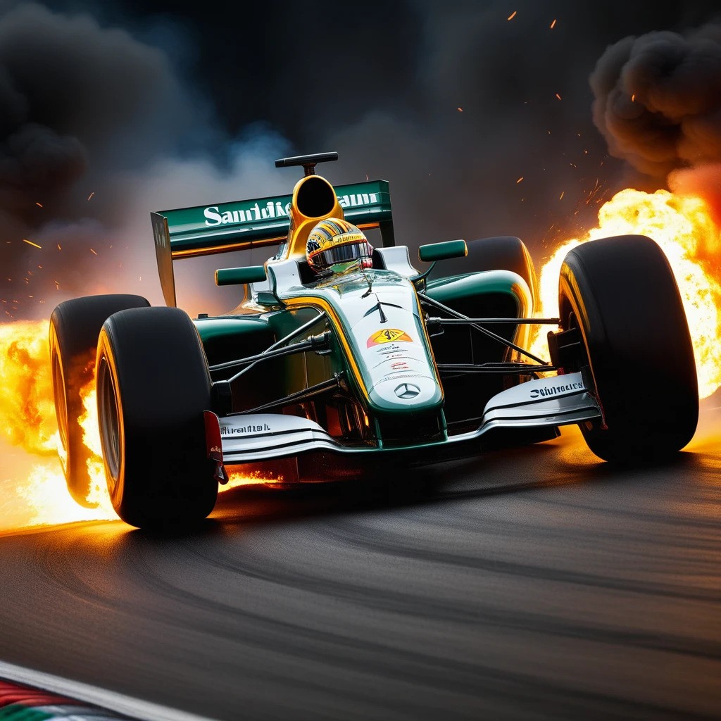 Formula 1 car with a burning wheel enduring an accident on the race track, captured in the intense, humanized storytelling style of W. Eugene Smith, 32k resolution, hyper-detailed elements, sharp focus, ultra HD quality, realistic textures, vivid color palette, pen and ink precision, composition adhering to the golden ratio, octane render for insane detail, trending on ArtStation, with the caliber of 8k artistic photography. High Resolution, High Quality, Masterpiece. best quality, masterpiece, super detail