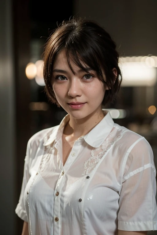 Japanese girl, short hair, blue eyes, beautiful detailed eyes, beautiful smile, realistic , ultra-detailed clothing textures, wet lace clothes, bokeh background, high-res image qualify, see through clothes, no bra, black nipple