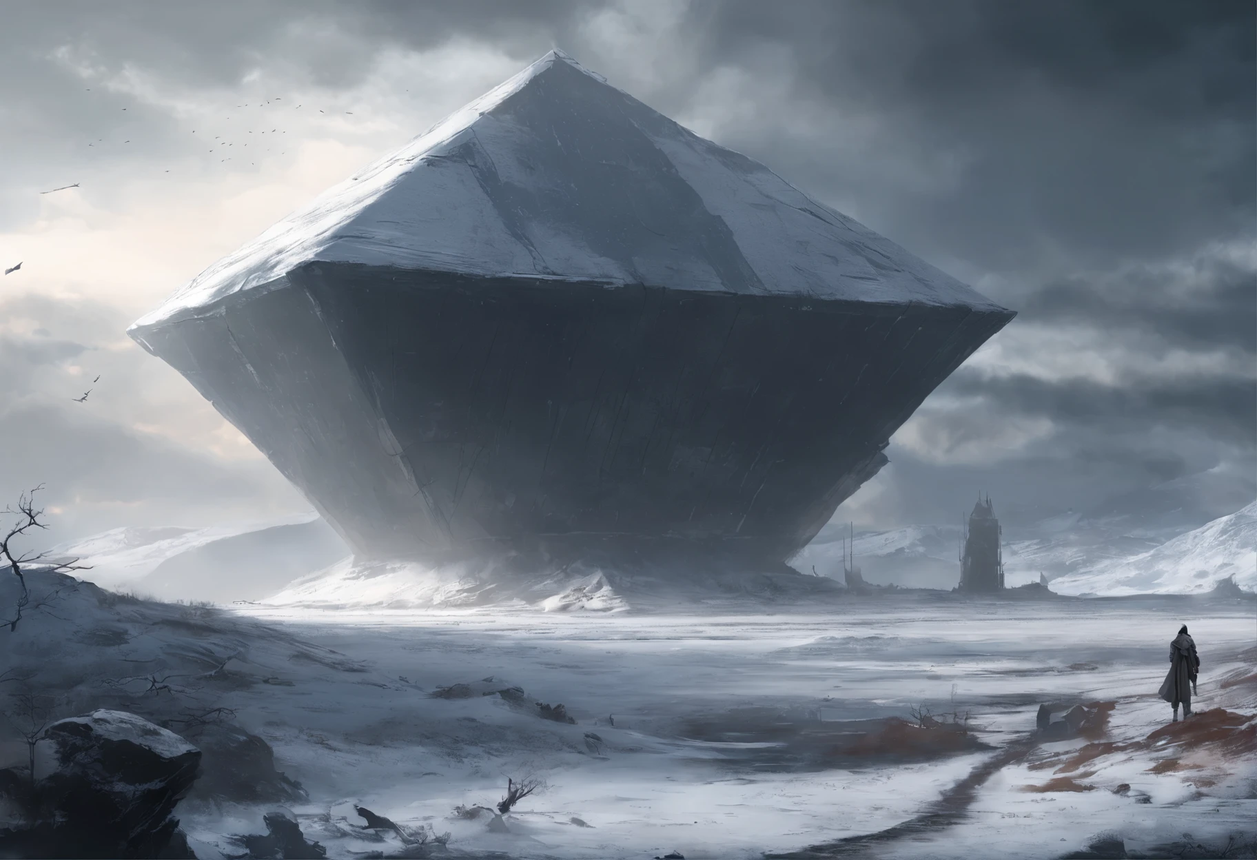 ((drift ice))、Severe snowstorm,Frozen Earth,White haze,In the faint light,A mighty pyramid made of triangular ice floating in the sky、Mechanical ruins surround the pyramid、Ozone-depleted sky、future、Dystopia、future的な空間構造、With no time to rest,head wind,Cheek cramps,Even if I have to crawl,The sky is poisoned with crimson、