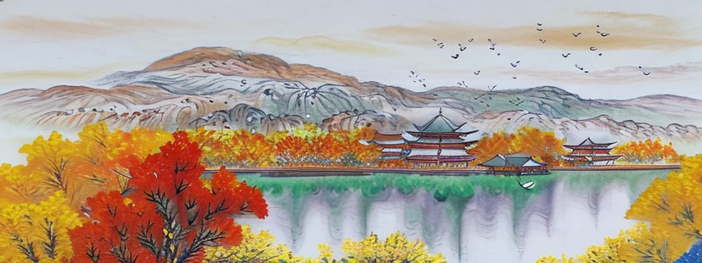 ((masterpiece)), ((best quality)), ((high resolution)), ((ink)), ((artist)), ((Extreme details)), a chinese tower, autumn, golden Trees, autumn_foliage, Birds Chinese painting, leaf, maple_leaf, Mountain, lake, mountaiNous_horizon, No_Humanity, outdoor, landscape, Sky, Sunset, Tree, zulishisong_style_willow_Tree, blurred distant landscape,