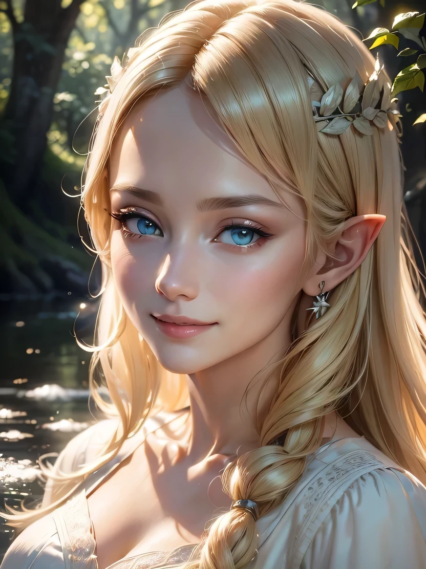 ((masterpiece、highest quality、Super fine、High resolution、photorealistic、sharp focus、cinematic lighting))、((1 female、middle shot、face light))、high contrast、Portrait of a beautiful female elf、Galadriel, Queen of the Elves、Cate Blanchett、tall、skinny、bright blonde hair、intricate and beautiful design、Highly detailed beautiful face、thin face、blue eyes、Detailed and beautiful ears、smile、Resting by the river、forest、flow of leaves、strong wind、Forest Sun、Classy white dress、view audience、Detailed hand depiction