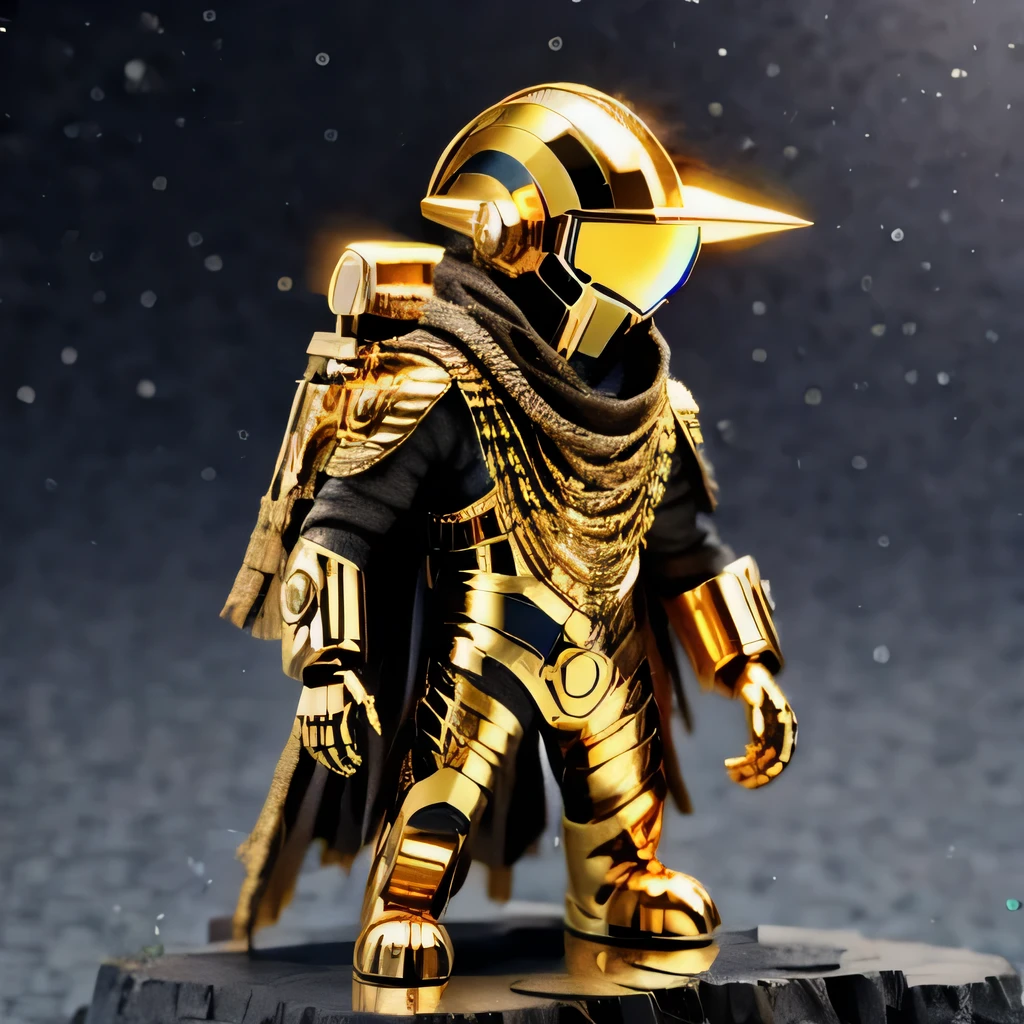 Brilliant Gold Diamond Maya Star, Burlap Cloak Mummy Hood Platinum Silk Cyberpunk Light Crossbow Space Station 1:500 miniature models, illustration, Side view, (Side view), Wear gold-rimmed reflective sunglasses, Carrying future weapons, very happy, Side view, whole body, 3d, (nautilus) octane rendering, perfect appearance, Collagen protein