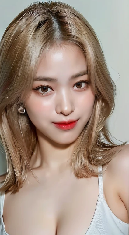 (masterpiece, top quality, best quality, (close-up photograph: 2), ((1girl)), fair skin, (((closed lips))), (extremely detailed face), looking straight, ultra-detailed eyes and pupils, ((bare pectorals)), ((bare chest)), bare head, nude dress, (((bare shoulders))), symmetrical frame, ((strapless)), (((smile))), ((symmetrical pose)), looking at viewer, (((looking at viewer))), ((symmetrical face: 1.6)), 35mm, simple grey background, ((studio lighting)), no watermark, ((blonde hair)), <lora:ahinlorashy:1>