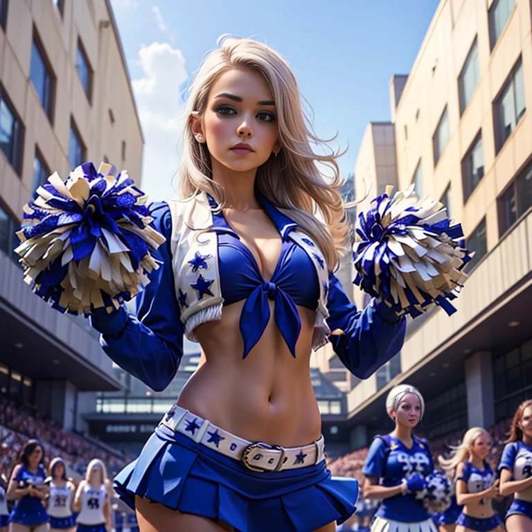 Masterpiece, best quality, detailed face, woman, platinum hair, college cheerleader uniform, midriff, standing, holding pom poms, one pom in each hand, blue skirt, in front of the college building, looking at viewer, neutral face