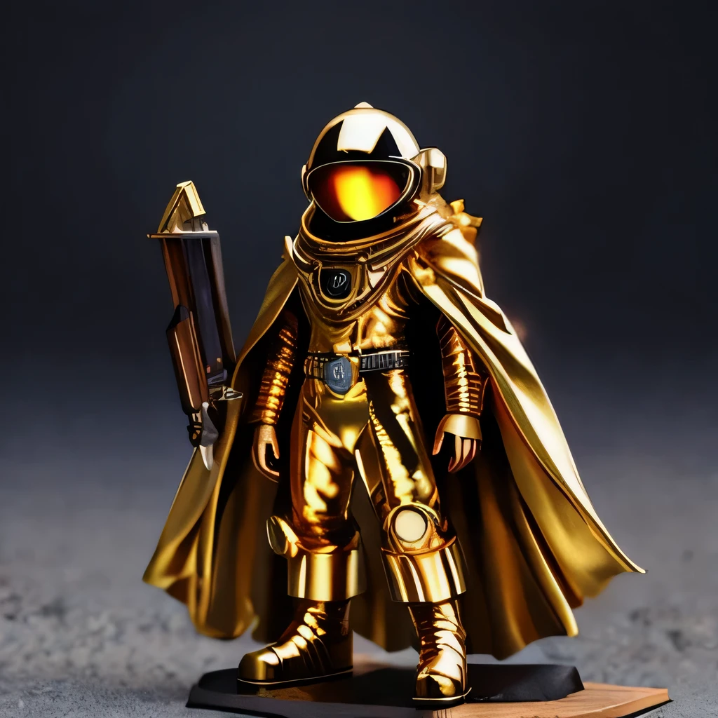 Brilliant Gold Diamond Maya Star，Copper weapons, Burlap Cape Mummy Hood Platinum Silk Cyberpunk Light Crossbow Space Station 1:60 miniatures, illustration, side view, (side view), Wear gold-rimmed reflective sunglasses, Carrying future weapons, very happy, side view, whole body, 3d, (Wood material) octane rendering, perfect appearance, collagen（（（Isometric art）））