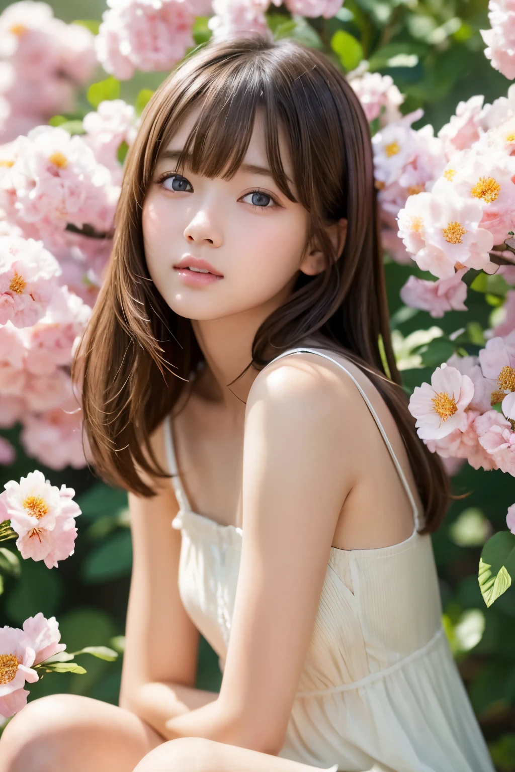 one girl、（beautiful girl、delicate girl：1.3）、（************：1.3）、break、（spring clothes：1.3）、break、very fine eyes、（symmetrical eyes：1.3）、break、（Countless flowers、In a colorful flower field:1.3)、Perfectly shaped and anthropomorphically correct fingers、break、small breasts、brown eyes、(((shortcut)))、parted bangs、brown hair、break、(Eye and face details:1.0)、break、(masterpiece、highest quality、Super detailed) 、detailed face、8k）、Full body view from the knee up、