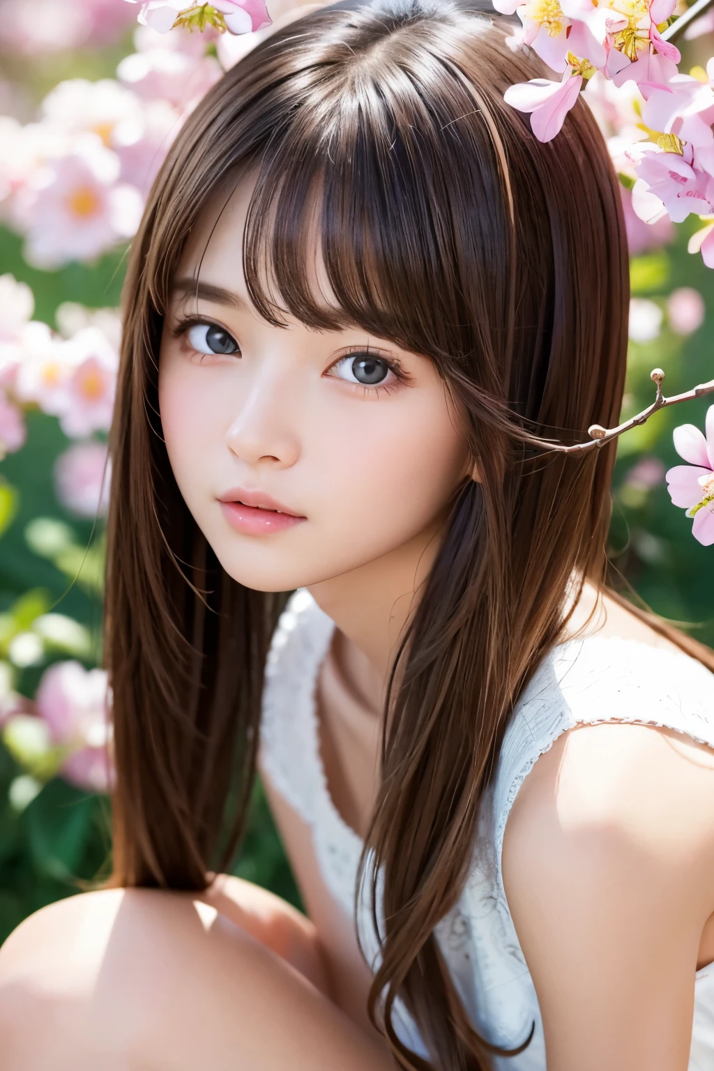 one girl、（beautiful girl、delicate girl：1.3）、（************：1.3）、break、（spring clothes：1.3）、break、very fine eyes、（symmetrical eyes：1.3）、break、（Countless flowers、In a colorful flower field:1.3)、Perfectly shaped and anthropomorphically correct fingers、break、small breasts、brown eyes、(((shortcut)))、parted bangs、brown hair、break、(Eye and face details:1.0)、break、(masterpiece、highest quality、Super detailed) 、detailed face、8k）、Full body view from the knee up、