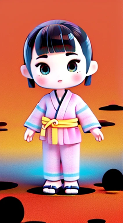 (((Right in front)))、boy1people、2d character、from the front、symmetrical pose、Standing in honor、Four-headed character、boy、black hair、bangs、black kimono、無地のblack kimono、Wearing sandals、contour of the face、gills are fluttering、