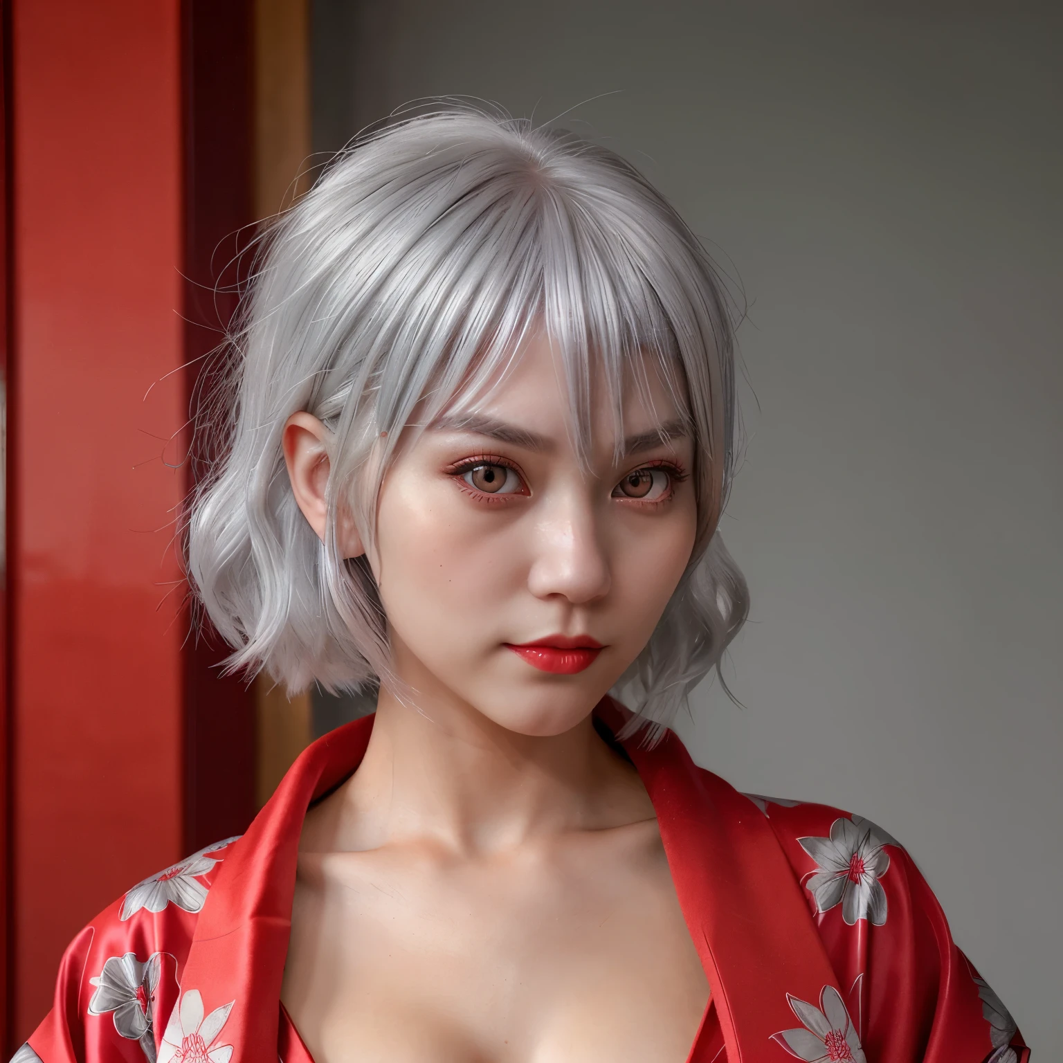 Beautiful girl with silver hair and red eyes in a red kimono