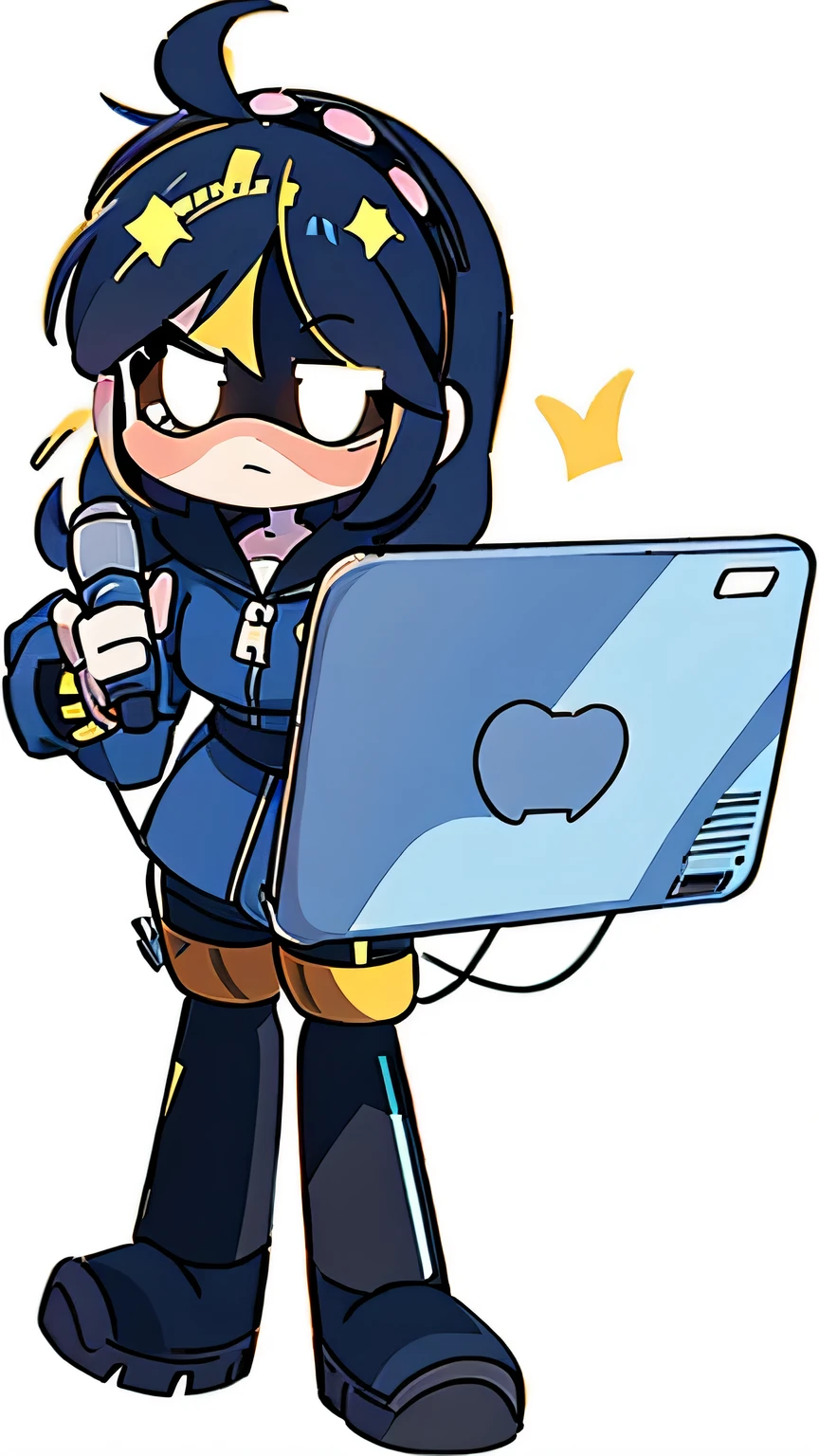 cartoon girl with a laptop and a microphone, cel shaded!!!, cel - shaded art style, live2d virtual youtuber model, unknown artstyle, visual novel sprite, anime moe artstyle, advanced digital chibi art, full body!, female protagonist 👀 :8, inspired by Leng Mei, 2 d sprite, clear outfit design, [ digital art ]!!, serial designation