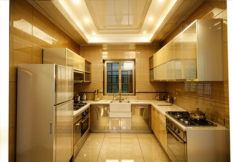 best quality, masterpiece, Interior design, cream tone, kitchen, 3000k