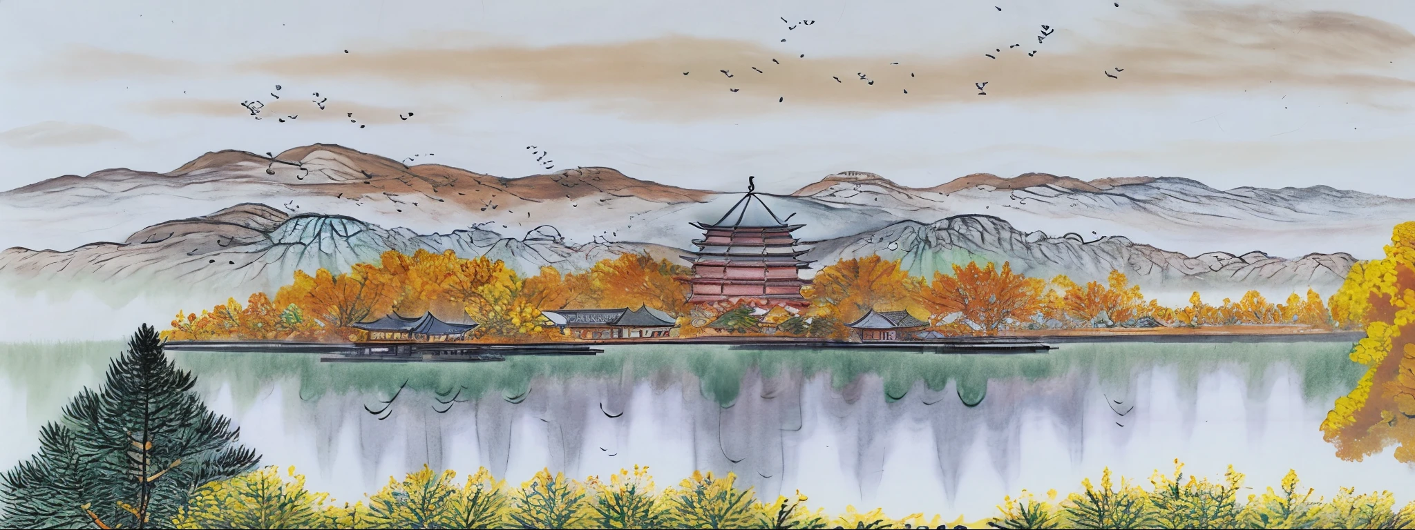((masterpiece)), ((best quality)), ((high resolution)), ((ink)), ((artist)), ((Extreme details)), a chinese tower, autumn, golden Trees, autumn_foliage, Birds Chinese painting, leaf, maple_leaf, Mountain, lake, mountaiNous_horizon, No_Humanity, outdoor, landscape, Sky, Sunset, Tree, zulishisong_style_willow_Tree, blurred distant landscape,
