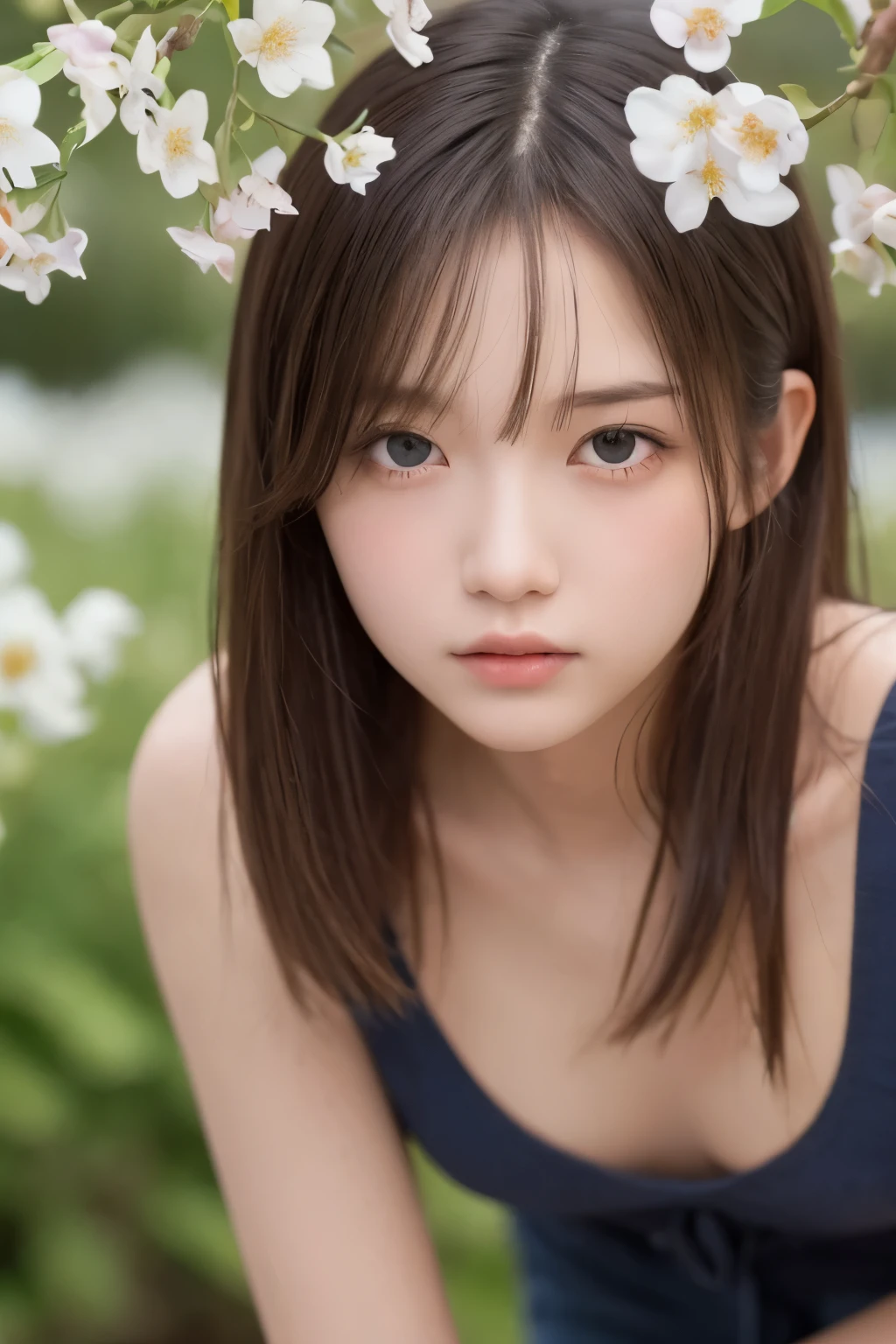 one girl、（beautiful girl、delicate girl：1.3）、（************：1.3）、break、（spring clothes：1.3）、break、very fine eyes、（symmetrical eyes：1.3）、break、（Countless flowers、In a colorful flower field:1.3)、Perfectly shaped and anthropomorphically correct fingers、break、small breasts、brown eyes、(((shortcut)))、parted bangs、brown hair、break、(Eye and face details:1.0)、break、(masterpiece、highest quality、Super detailed) 、detailed face、8k）、Full body view from the knee up、