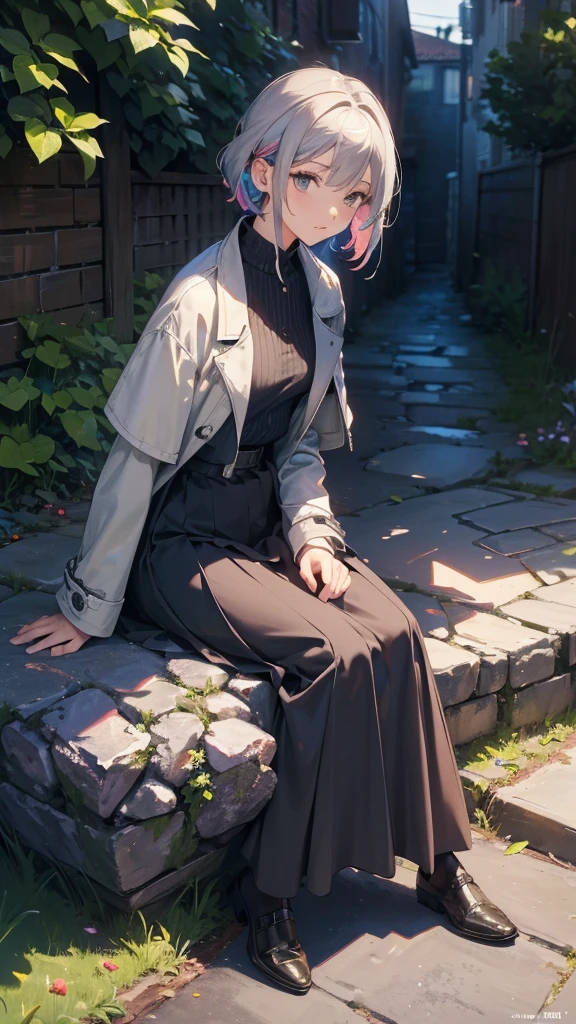(Highly detailed CG unit 8k wallpaper, masterpiece, High resolution, highest quality, highest qualityのリアルテクスチャスキン), Fashion model sitting on the edge of a flower bed, Close-up:1.2, Ash gray shorthair:1.3, (Stalgic and inorganic fashion, Layered maxi skirt and long sleeve wide jacket combination), (An empty back alley in the countryside:1.3, Colourful flower beds along the road, cobblestone road), hyper realistic, digital painting, concept art,