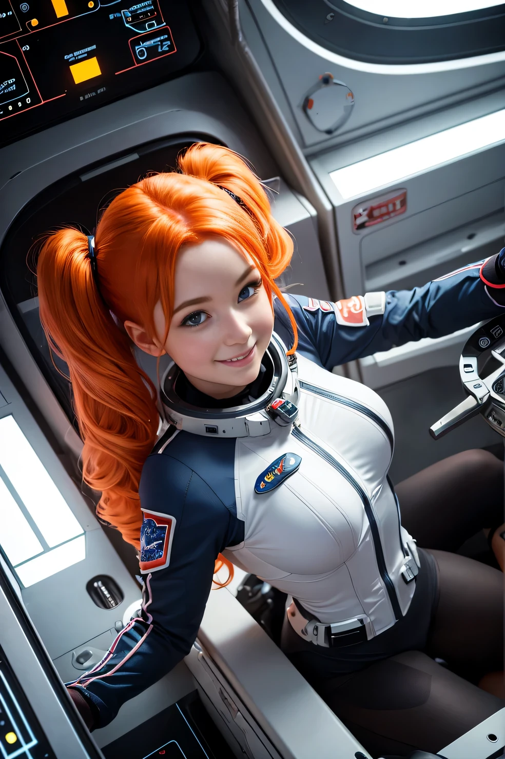 Melhor qualidade, obra de arte, 8k, CRU (aerial view) ((Cute redhead with rainbow colored hair tips:1.2)), fitas no cabelo, mulher de 18 anos, feliz, excited expression, sorridente, in twin tails, olhos perfeitos, olhos azuis claros e brilhantes, pale skin, seday smooth skin, pele branca de porcelana, pilotando uma luxuosa nave espacial de metal chique, cabine futurista, She's a pilot lying in her pilot's chair, outer space seen through windows, The vastness of space, dark and warm lighting, usando um vestido futurista, plissado (camisa) minivestido (rainbow pastel colors, e bolinhas), mangas bufantes, seda, wearing full body pantyhose.
