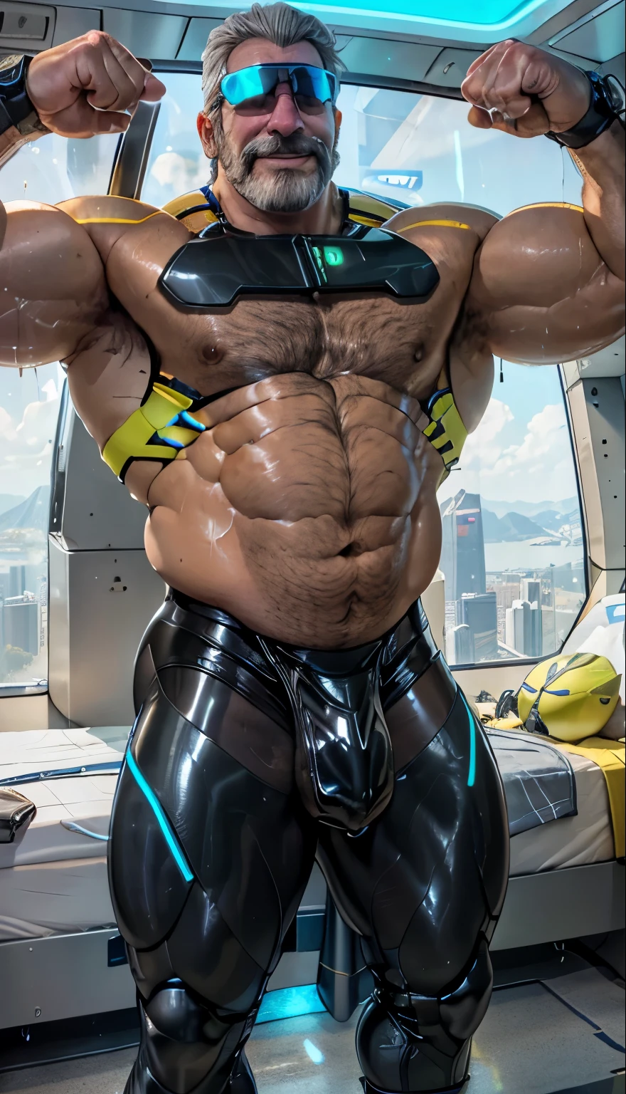 full body portrait, strong burly hairy mature older man(space captain), wearing futuristic captain's uniform insignia (neon and black) (open and revealing) (latex) , gray hair, reflective sunglasses (neon yellow rims), broad shoulders, round belly, thick feet, bulging micro thong, barefoot, scifi spaceship captain uniform, neon lights, best quality elegant masterpiece, face looks like Tom Selleck (Magnum PI) , military buzzcut, dark mustache, gray stubble, latex, wearing a latex thong, big bulging crotch, futuristic gear equipment, wearing see through plastic chest armor (neon yellow and electric blue), wearing neon yellow see through chest armor, wearing electric blue latex chaps(see-through) , wearing cool neon sneakers,in spaceship cockpit, lying in spaceship sleeping quarters(bed) (view from above), smiling with teeth showing, nicebulge, waiting in bed, glowing armor, legs up(!) and spread(!) , big muscle ass, wet and dripping ass, visible asshole(!) , wet asshole, hairy pecs, thick long legs, silver hair