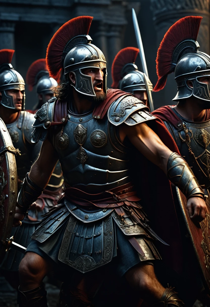 dark realistic, A dramatic illustration inspired by the Roman conquest, featuring the Huns seizing Roman treasures in a dark, atmospheric setting. The Huns, depicted in intricate detail with fierce expressions and elaborate armor, stand triumphantly among glittering Roman artifacts. The scene is painted in a chiaroscuro style, emphasizing the contrast between light and shadow, enhancing the tension and drama of the moment, background dark, hyper realistic, ultra detailed hyper realistic, photorealistic, Studio Lighting, reflections, dynamic pose, Cinematic, Color Grading, Photography, Shot on 50mm lens, Ultra-Wide Angle, Depth of Field, hyper-detailed, beautifully color, 8k, (best quality,4k,highres,masterpiece:1.2),ultra-detailed,(realistic,photorealistic:1.37)