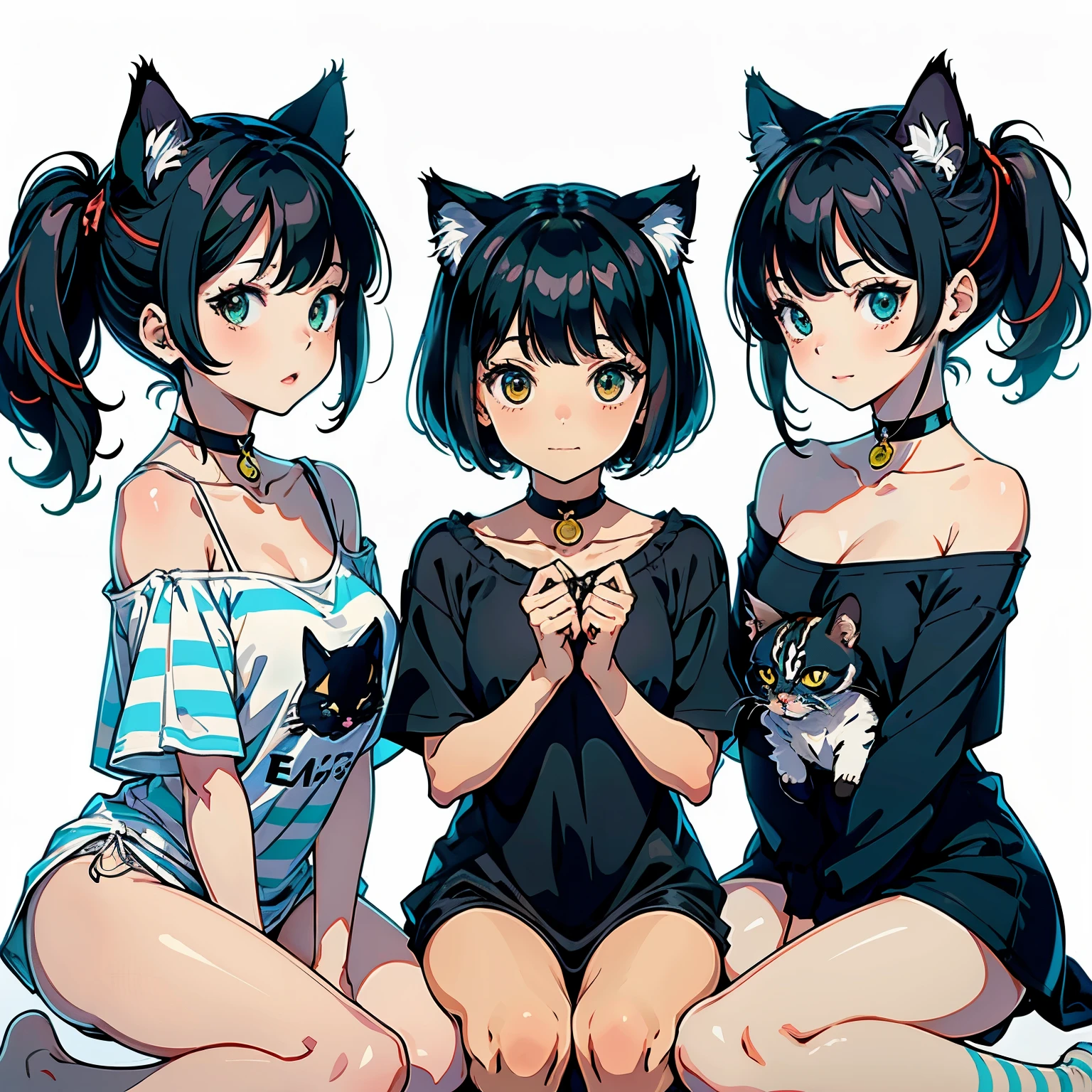 (highest quality, masterpiece, High resolution)、(anime art)、,cinematic light、soft light、(two girls)、black hair、(Striped cat costume)、(Persian cat costume)、(Three-color cat costume)、(loose t-shirt)、(Loose shirt)、off shoulder、Sexy mini dress、Cat ear、bob cut、semi-long、hair ornaments、choker、enchanting smile、small breasts、(cat pose)、(Playing)、acrobatics、Cat jarashi、((white background))、