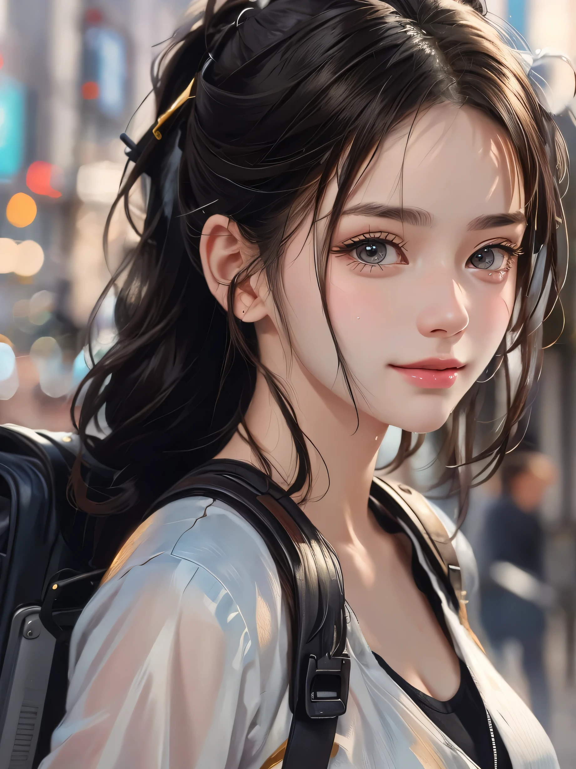 fashion style, masterpiece, highest quality, 8K, art station, sharp focus, (surreal:1.5), (advanced details:1.4), raw photo of young woman, smile on the street, Backpack, ponytail, faded, complex surroundings, complex background, soaking wet, (cinematic:1.4),