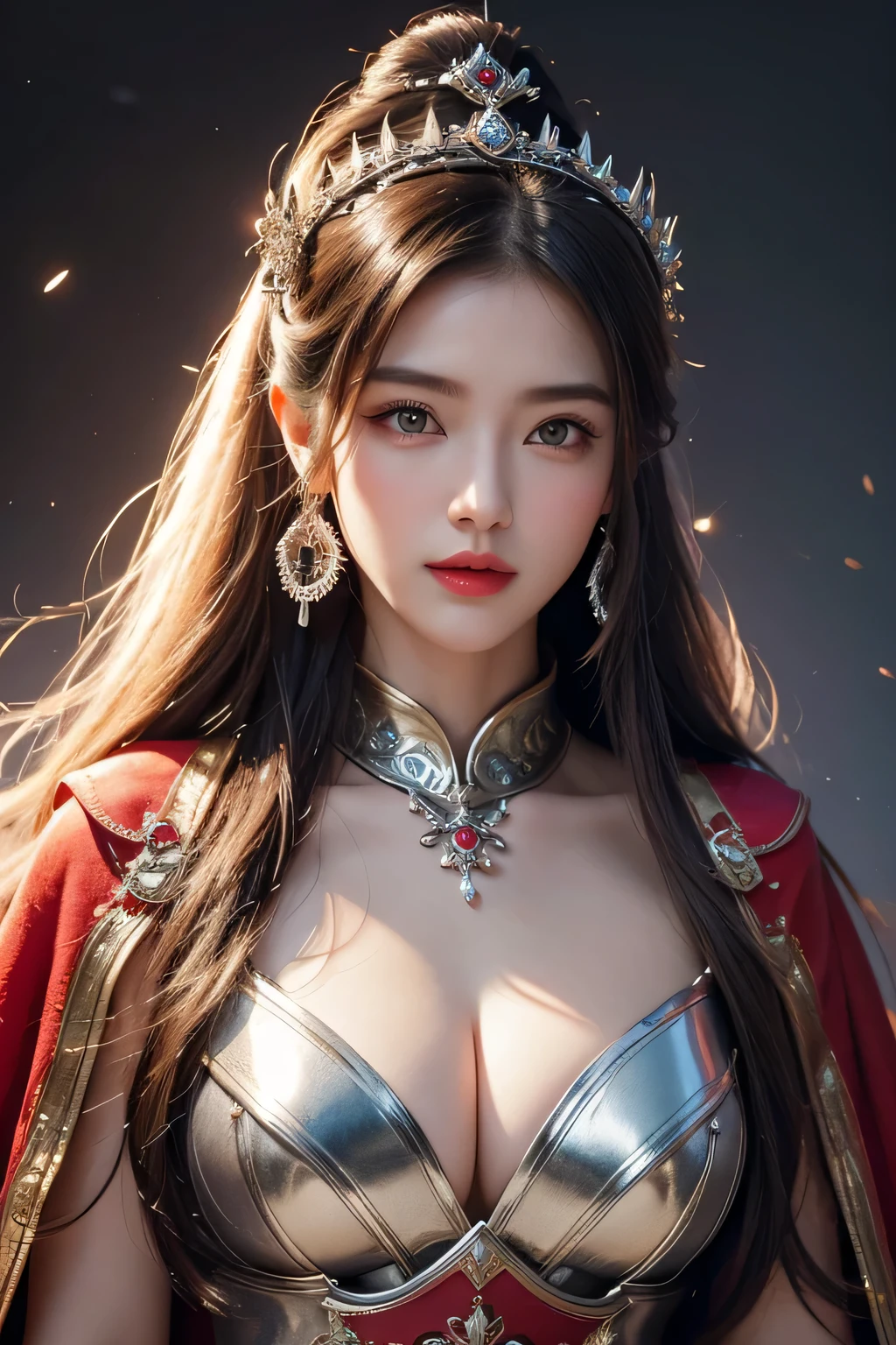 High-quality work,Realistic works,Super premium graphics,8K HD CG works,high quality graphics,High-definition and exquisite CG works,10x pixels,Ultra-fine details:1.1,Advanced technical details:1.1Realistic photo effects,Interior lighting effects:1.5,natural soft light:1.5. Light effect(Virtual light effects:1.8),ultra high resolution,shining dress,sliver long hair,silber hair,transparenthair,high detailed hair(Quality hair details:1.1)Clear eyes,Double eyelids look good,Sharp eye makeup, Create exquisite eyelash makeup, tthin eyebrows, Ultra-detailed eyes,a tall nose, lovely red lips, rosey cheeks, With delicate makeup on her face , pretty face, The face shape is perfectly proportioned,(Advanced facial details:1.1)Chinese female general Hua Mulan,Vermilion Hufu lining,,Crimson cape,Silver metal breastplate,silver helmet,battlefield background,majestic,Smile(open mouth)(The corners of the mouth are raised),Leather tunic,Knee armor,Eight clones,silver metal headband,Hair bun raised high。wild wilderness background,Women's artwork,Dress full body video,Realism,Amazing Cleavage,My eyes are very bright today