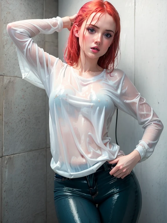 woman in white sheer shirt and jeans, wet shirt, wet t shirt, wet t-shirt, shiny wet skin!!, wet tshirt, wet look, carnal ) wet, eighties pinup style, karen gillan, eighties-pinup style, darling wash off in the rain, wet shiny skin, karen gillan, wet hair