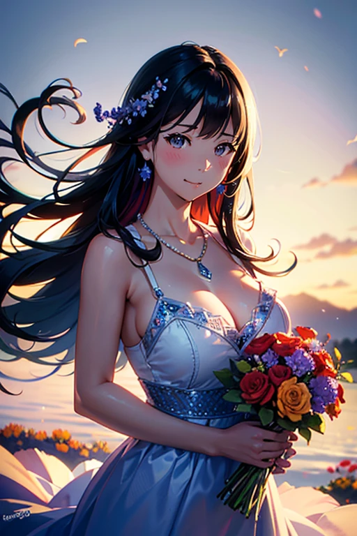 highest quality, (Ultra-high definition 4K), (Ultra High Resolution 8K), Photoreal, Bright colors, high definition beauty face, beautiful hair, detailed and beautiful eyes, ((lip gloss)), (big and full breasts), pretty girl, standing model, Holding a bouquet of red flowers in both hands, diamond necklace, Lavender violet dress with beaded embroidery, garden, flowers, sunlight, Gentle breeze, (soft lighting, rendered), Moderate: oil, 35mm f/1.8, Photographed with Sony FE GM