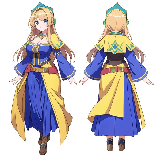 masterpiece, best quality, cute eyes, 1girl, solo, high fantasy costume, clerk costume, ((white background)), full body, multiple views, green,