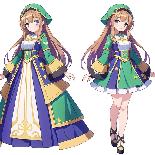 masterpiece, best quality, cute eyes, 1girl, solo, high fantasy costume, clerk costume, ((white background)), full body, multiple views, green,