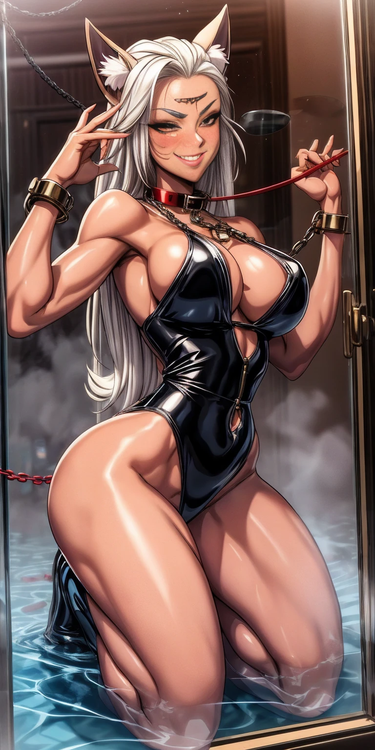Latex girl lustful smirking smile red blush red cheeks, chain leash, kneeling, shackles, leather black collar slave, dog ears, fluffy dog ears, hands on glass breasts on glass ass on glass window fog water drop